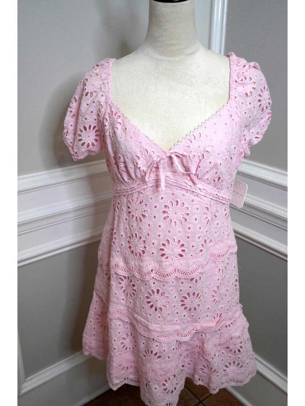 NEW Altar'd State Pink Eyelet Dress with Puff Sleeves and V-Neck